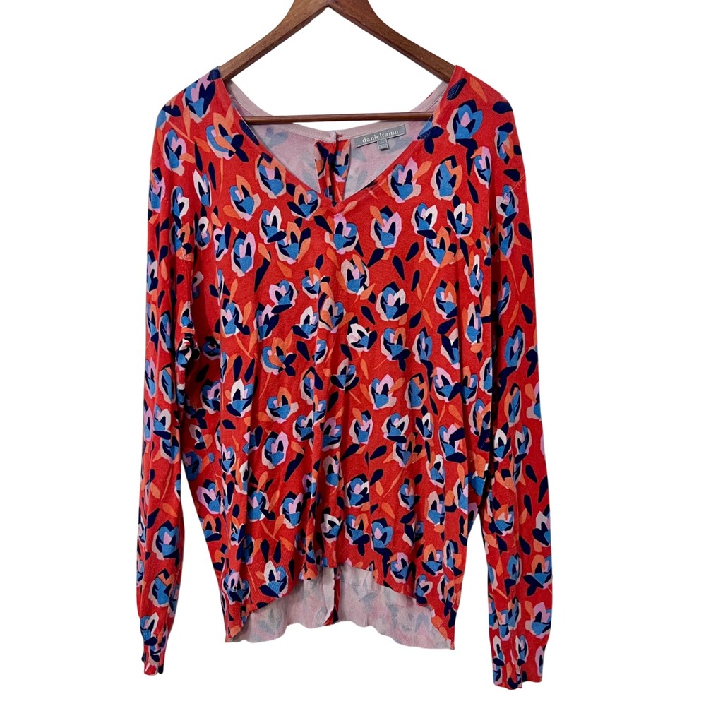 Daniel Rainn Womens XXL Orange Floral V-Neck Back Button Long Sleeve Sweater Top